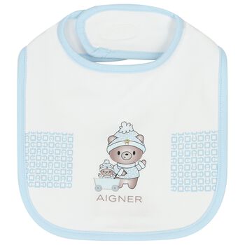 Baby Boys White & Blue Teddy Bear Logo Bib