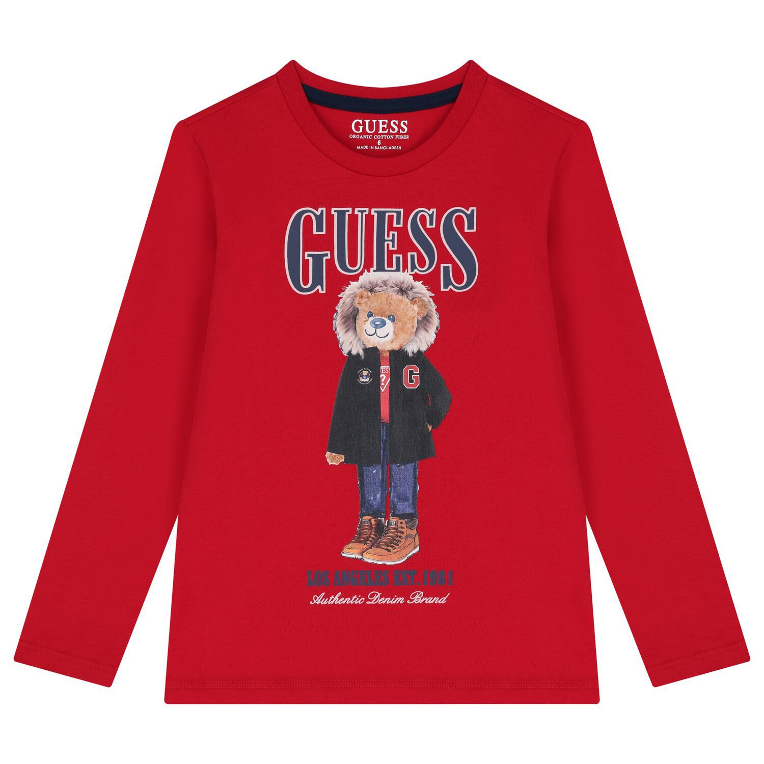 Boys Red Teddy Bear Long Sleeve Top, 3, hi-res