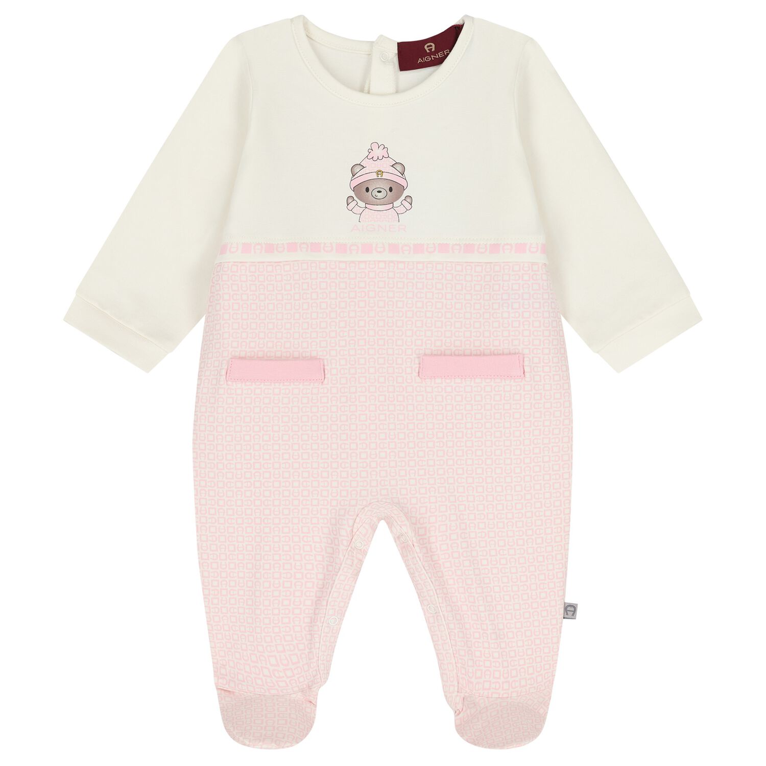 Baby Girls Ivory & Pink Teddy Bear Logo Babygrow, 3, hi-res