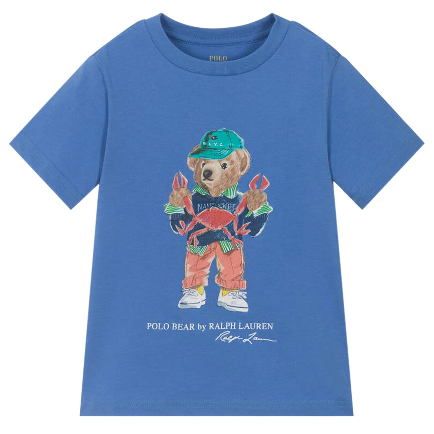 Boys Blue Cotton Polo Bear & Crab T-Shirt, 1, hi-res