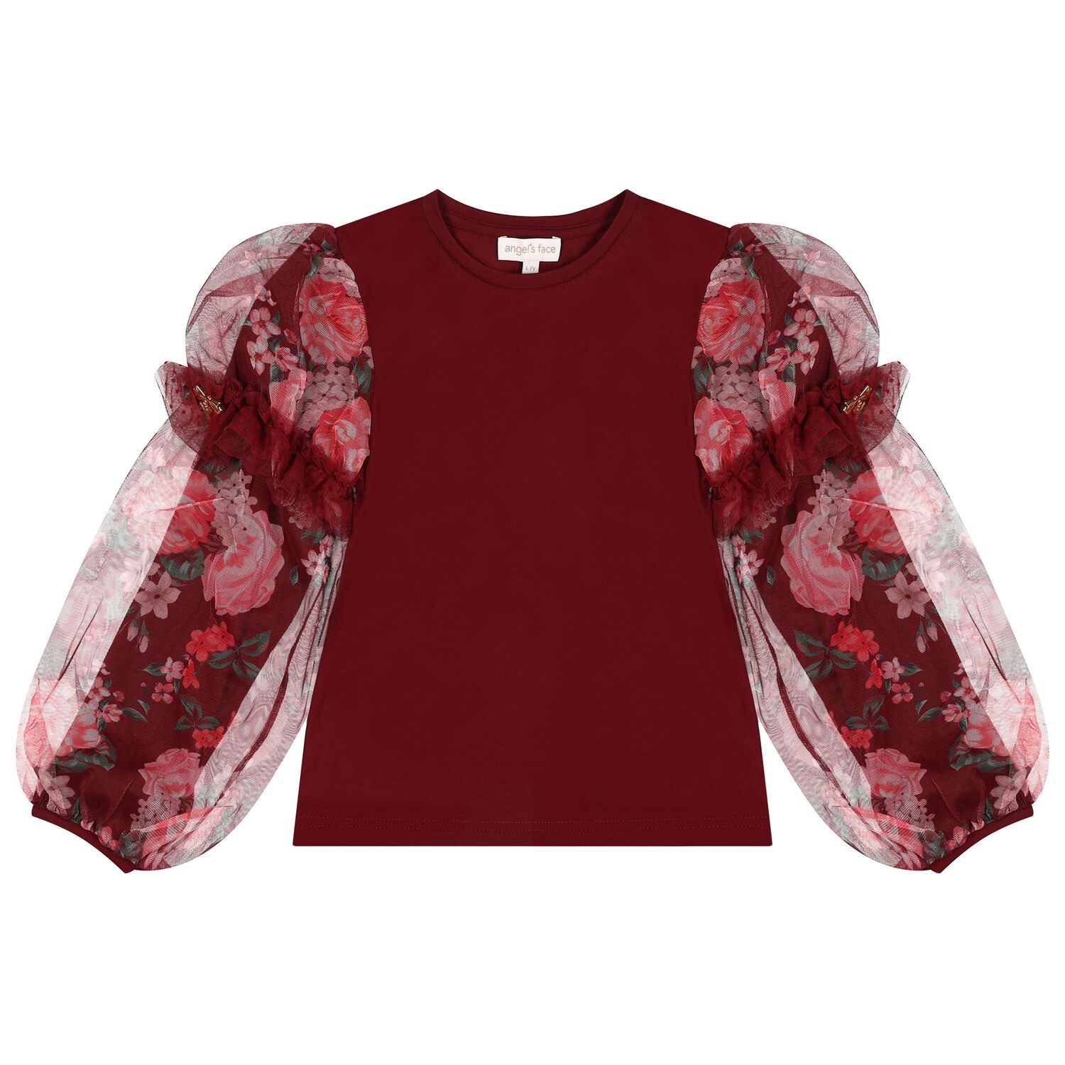 Girls Burgundy Floral Tulle Lila Long Sleeve Top, 1, hi-res