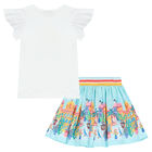 Girls White & Blue Tropical Island Skirt Set, 1, hi-res