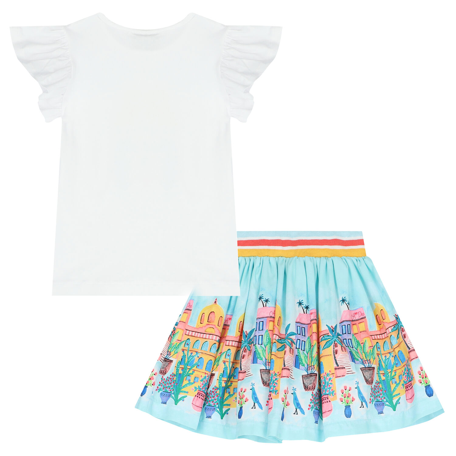 Girls White & Blue Tropical Island Skirt Set, 1, hi-res
