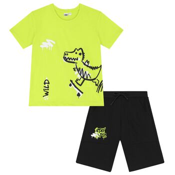 Boys Green & Black Dinosaur Shorts Set