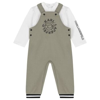 Younger Boys Green & White Ikonik Karl Dungarees Set 