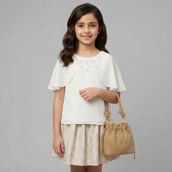 Girls Ivory & Beige Floral Skirt Set