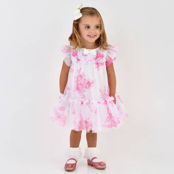 Baby Girls White & Pink Rose Tulle Dress