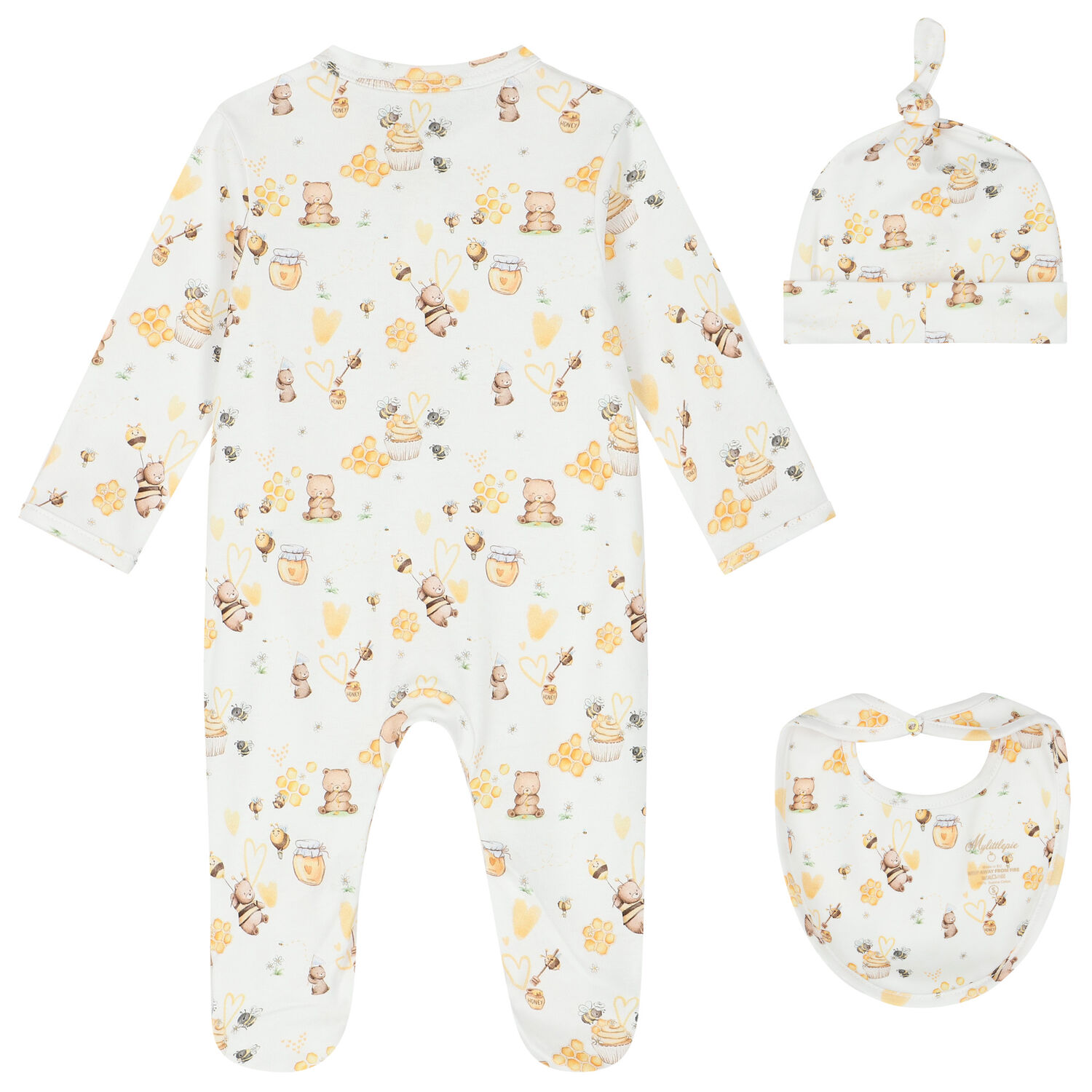 White & Yellow Honey Babygrow Set, 1, hi-res
