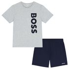 Boys Grey & Navy Blue Logo Shorts Set, 2, hi-res
