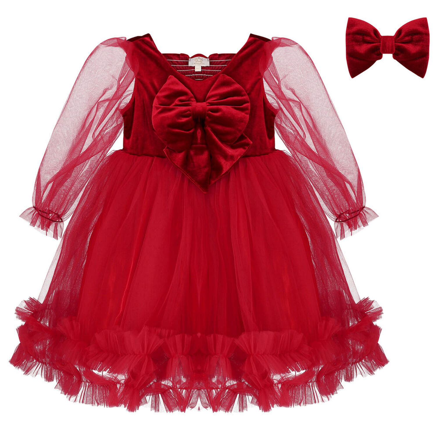 Girls Red Bow Tulle Dress, 1, hi-res