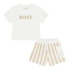 Baby Boys White & Beige Logo Shorts Set, 1, hi-res
