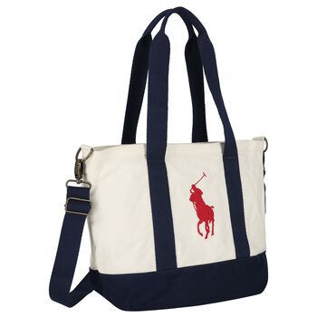 Girls Ivory & Navy Blue Canvas Pony Logo Tote Bag ( 44cm )