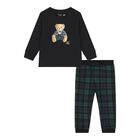 Baby Boys Black & Green Polo Bear Tartan Trouser Set, 1, hi-res