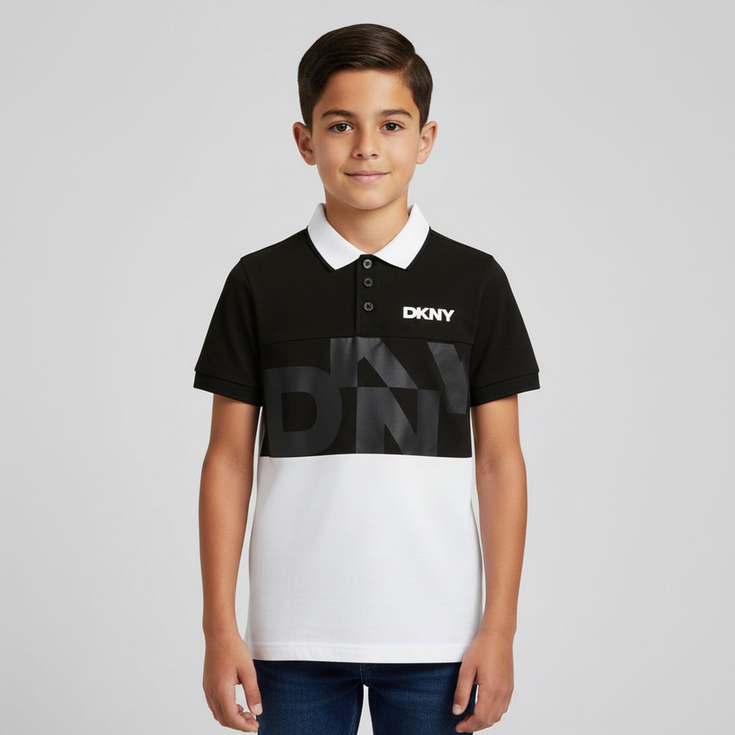 Boys Black & White Logo Polo Shirt, 1, hi-res
