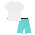 Younger Boys White & Aqua Logo Shorts Set, 2, hi-res
