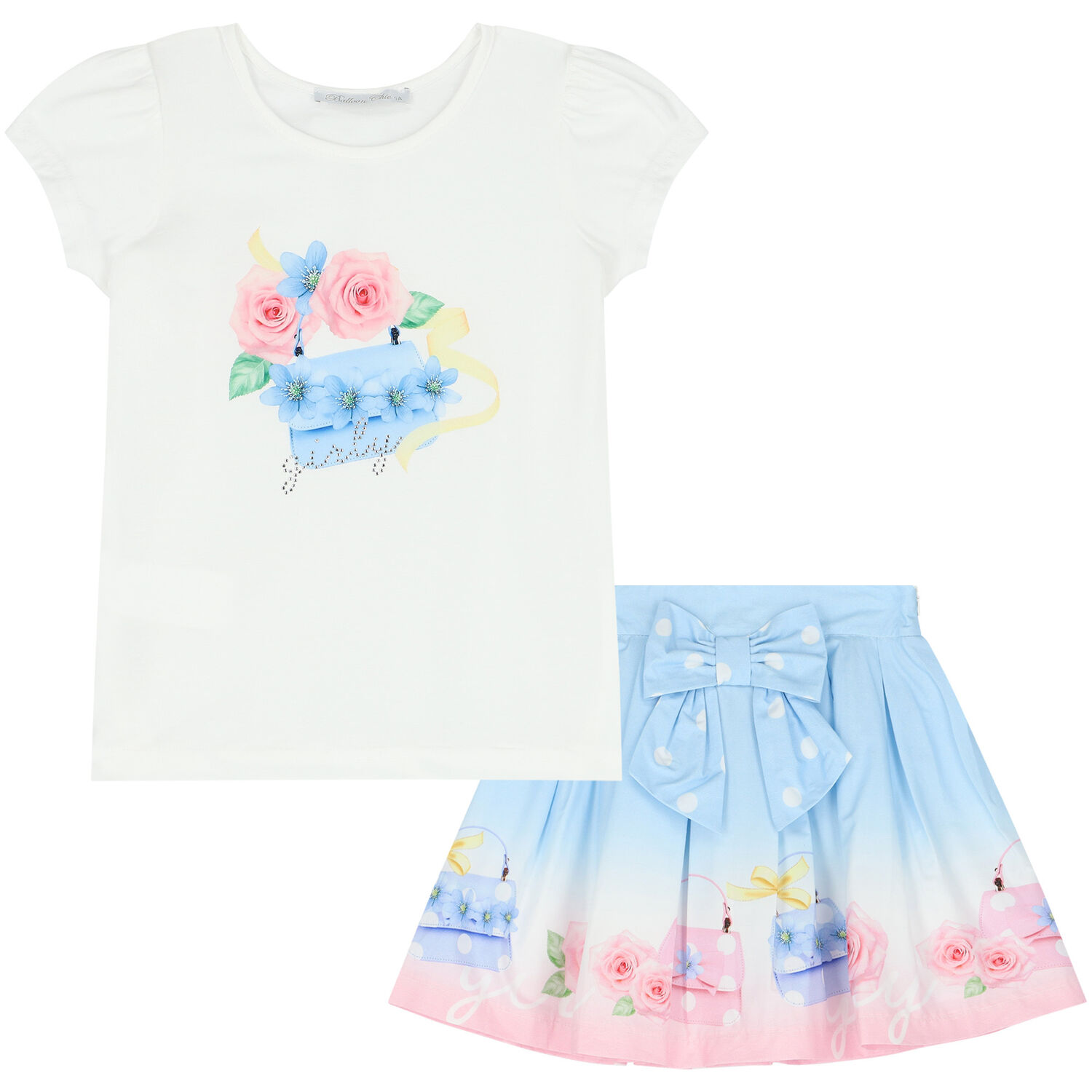 Girls Ivory & Blue Floral Skirt Set, 1, hi-res image number null