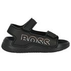 Boys Black Logo Sandals, 1, hi-res