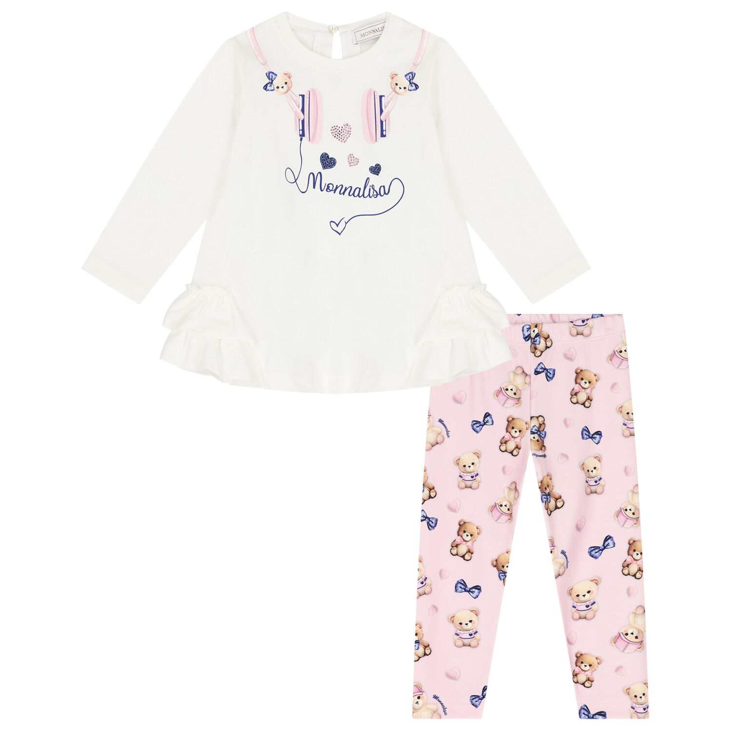 Younger Girls Ivory & Pink Headphones Leggings Set, 1, hi-res