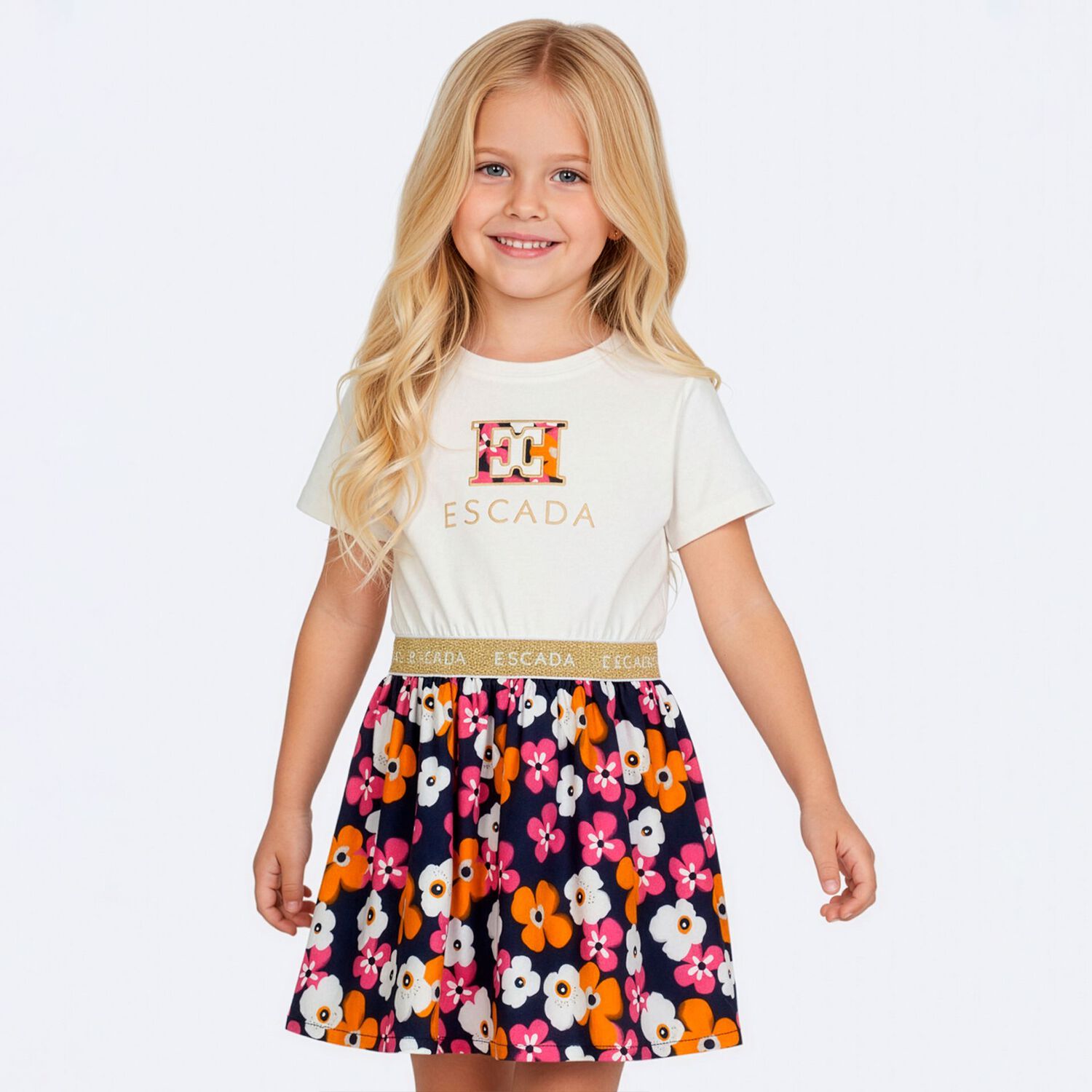 Girls Ivory & Navy Blue Logo Floral Dress, 1, hi-res
