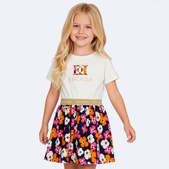 Girls Ivory & Navy Blue Logo Floral Dress