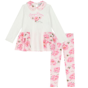 Girls Pink & White Floral Leggings Set