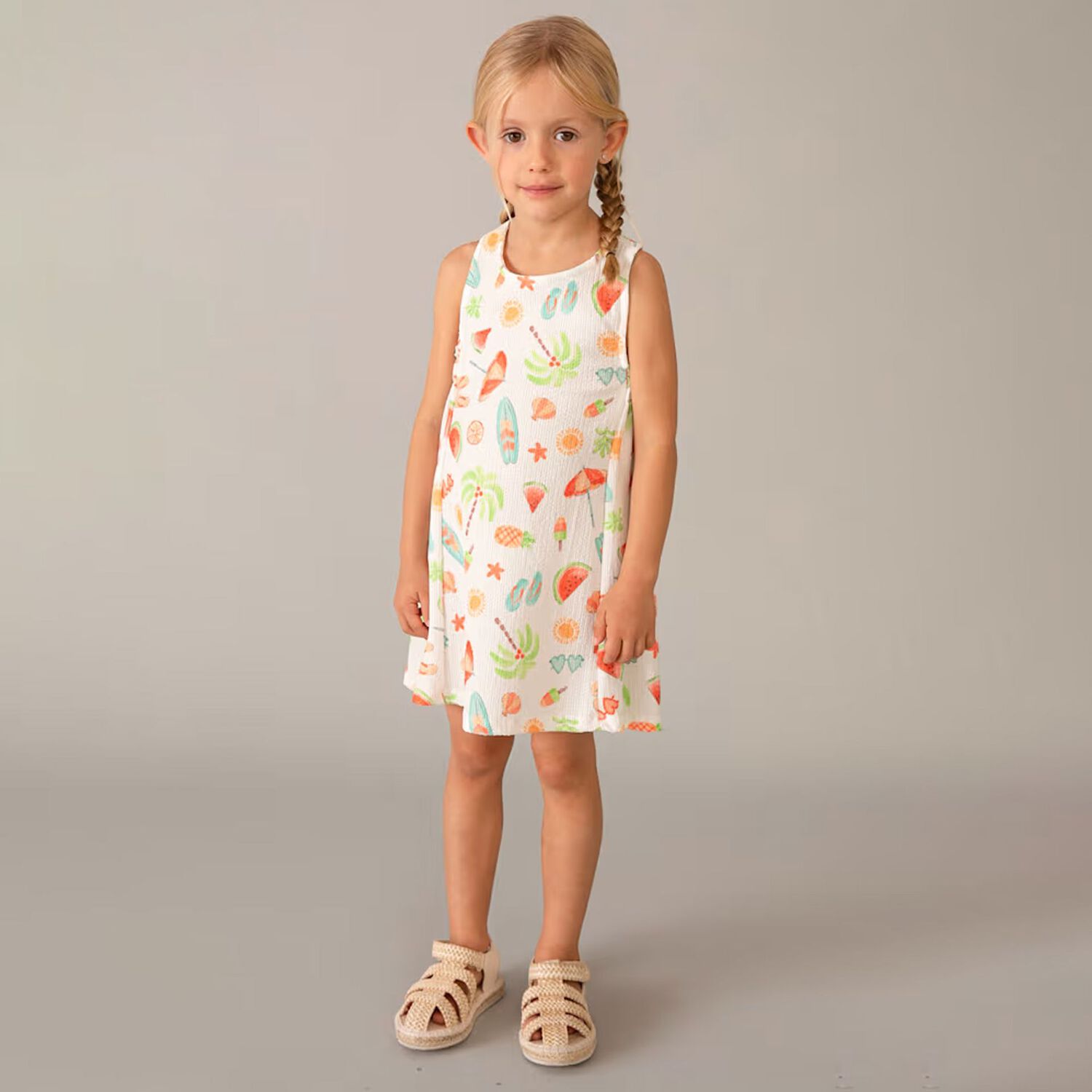 Girls White Fruit Dress, 1, hi-res