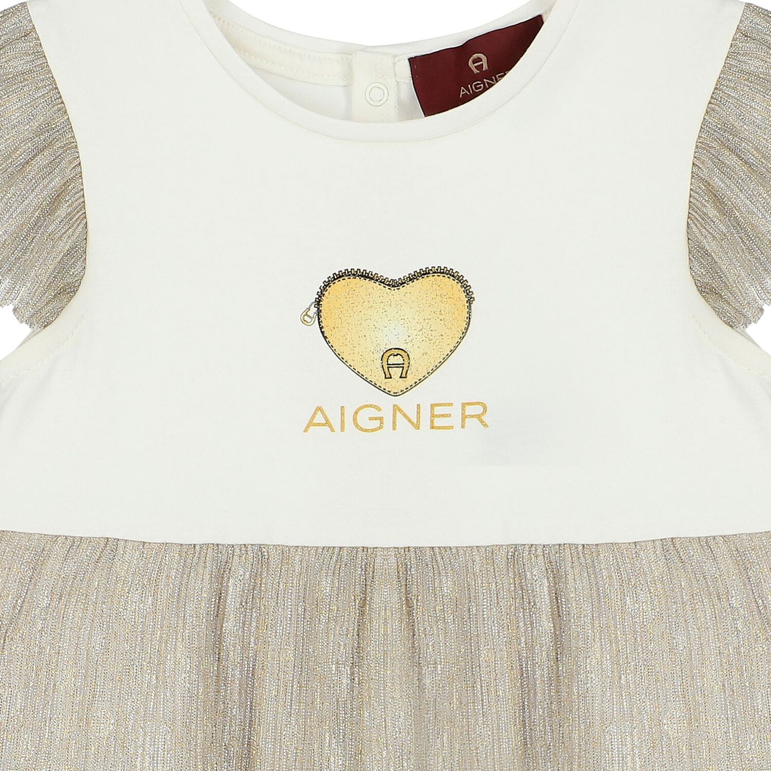 Younger Girls Ivory & Gold Logo Heart Dress, 1, hi-res