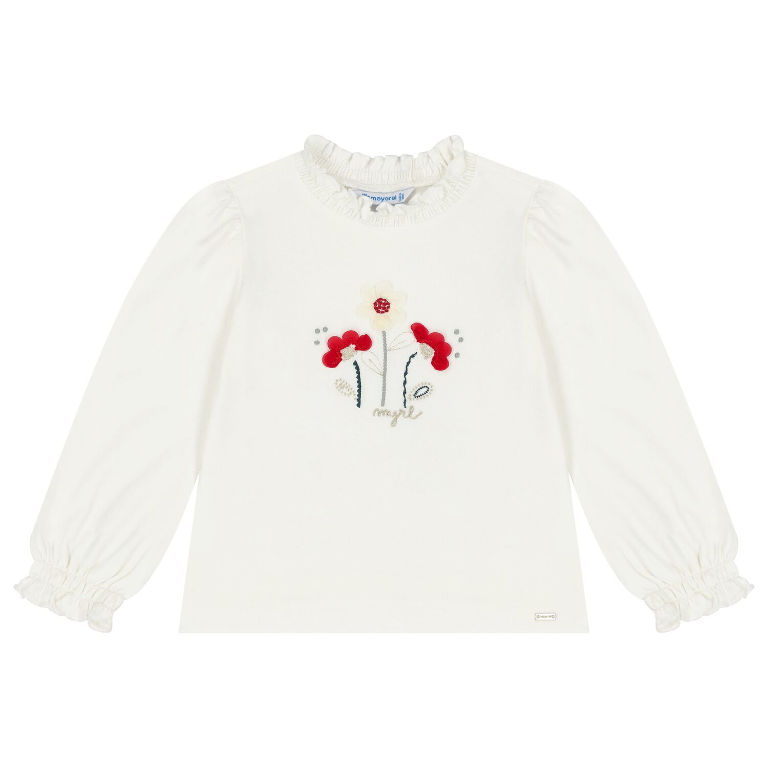 Younger Girls Ivory Flower Long Sleeve Top, 1, hi-res