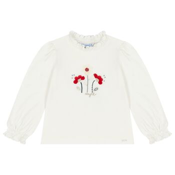 Younger Girls Ivory Flower Long Sleeve Top