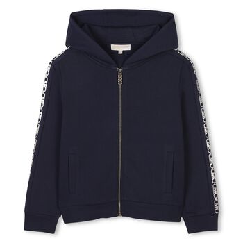 Girls Navy Blue Logo Hooded Zip Up Top