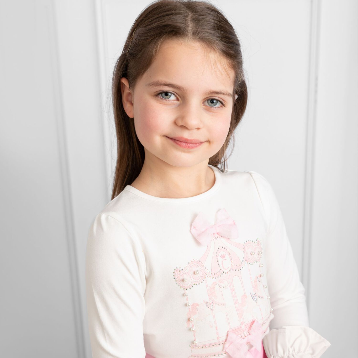 Girls Ivory & Pink Carousel Skirt Set, 1, hi-res