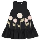 Girls Black Flower Satin Dress, 1, hi-res