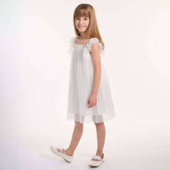 Girls White Pleated Tulle Dress