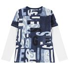 Boys White & Blue Logo Long Sleeve Top, 2, hi-res