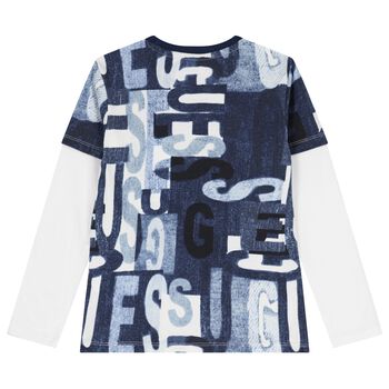 Boys White & Blue Logo Long Sleeve Top