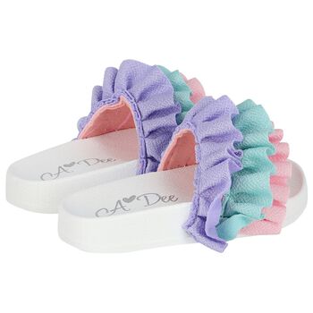 Girls White, Aqua & Purple Ruffled Sliders