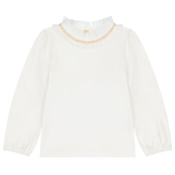 Girls White Pearl & Tulle Collar Top