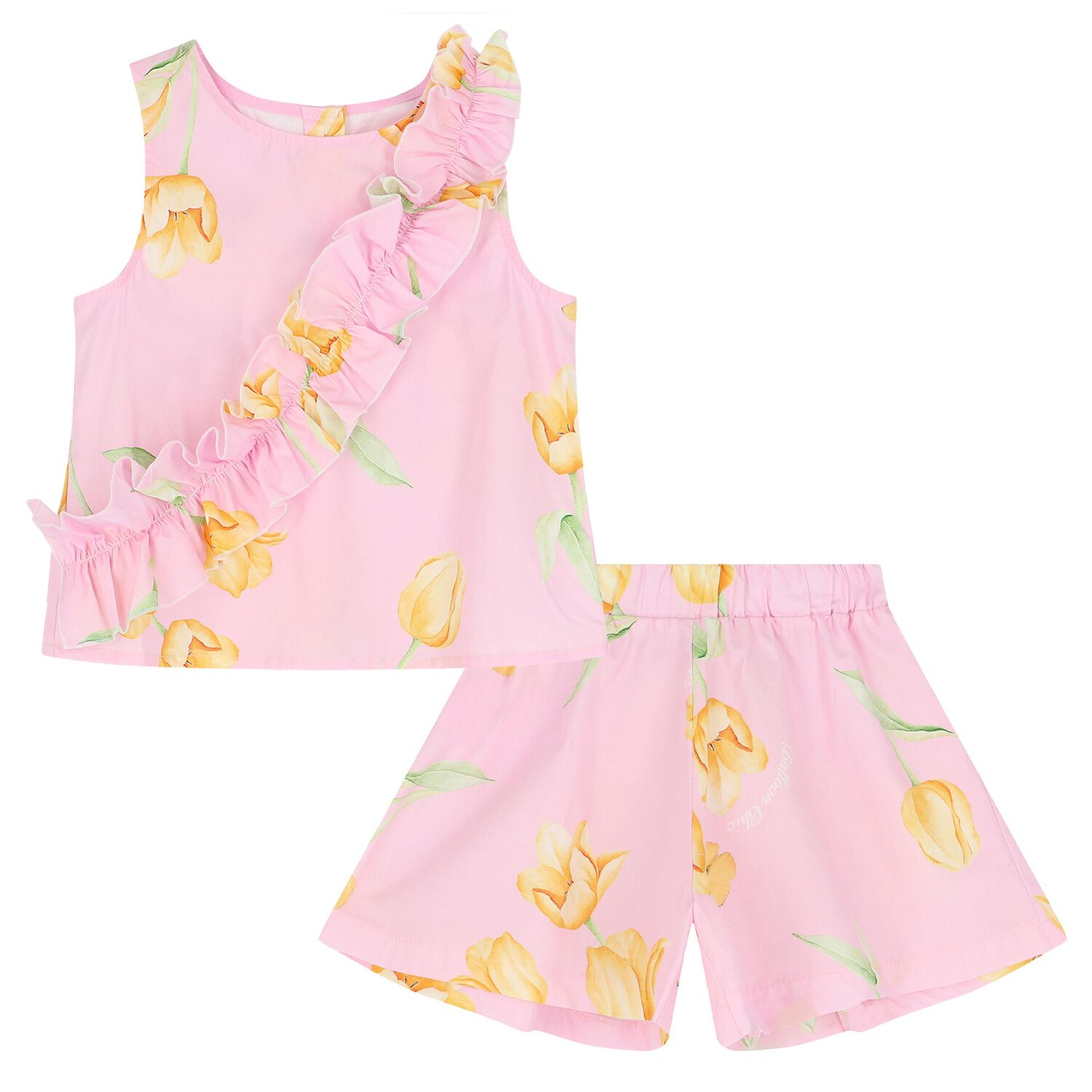 Girls Pink Ruffled Floral Short Set, 1, hi-res