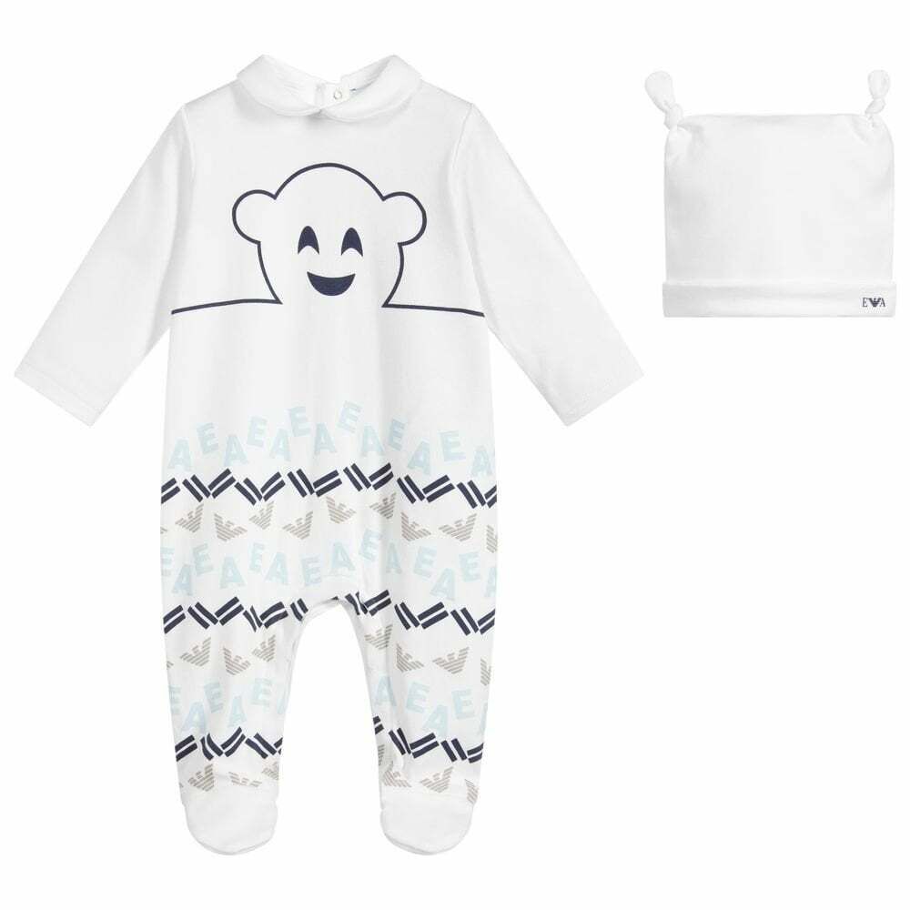 Emporio Armani Baby Boys White Babygrow Hat Gift Set Junior