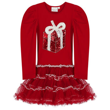 Girls Red Embellished Tulle Dress