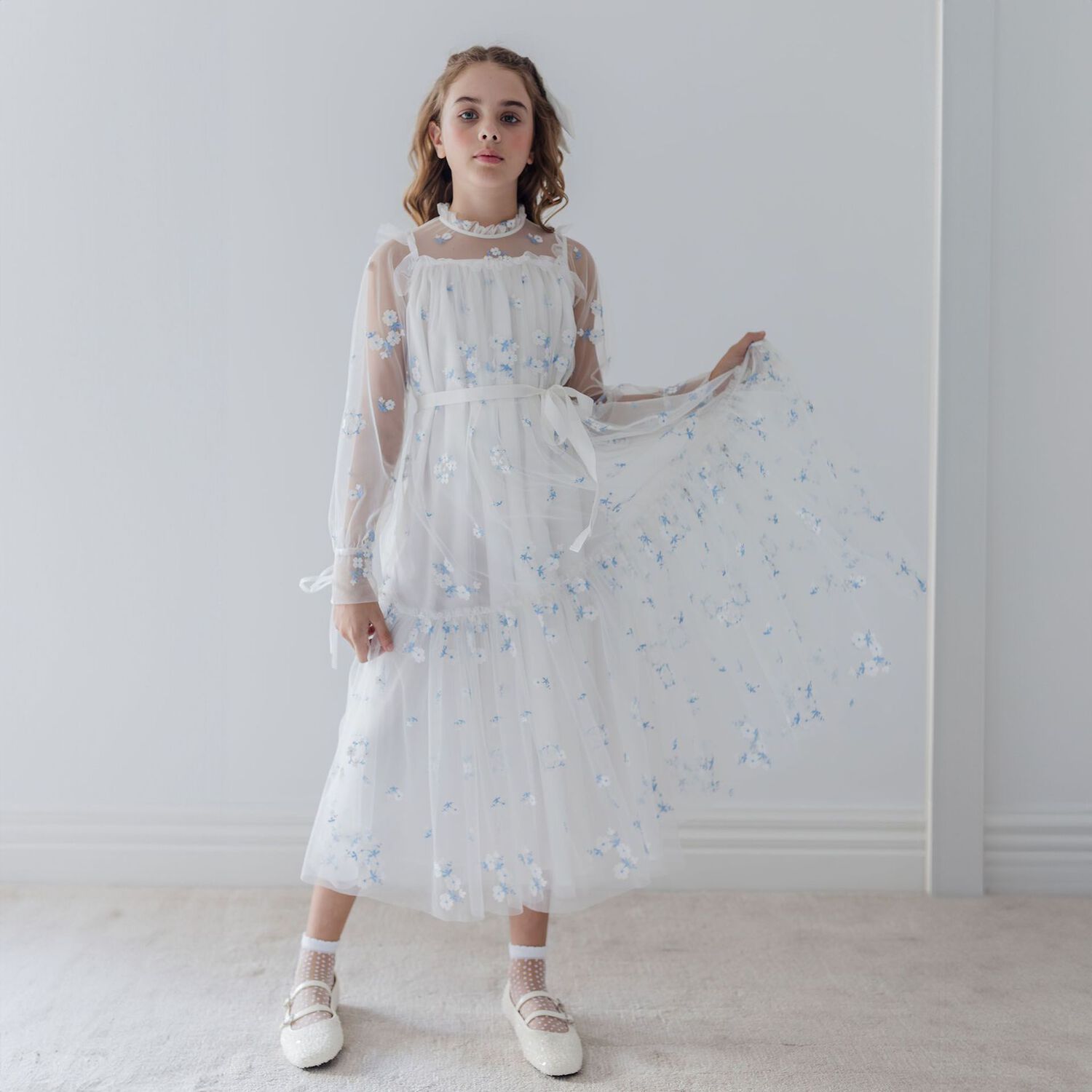 Girls White & Blue Floral Tulle Dress , 1, hi-res