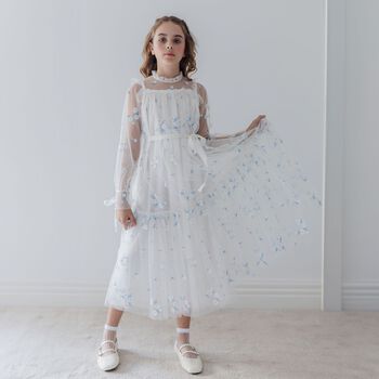 Girls White & Blue Floral Tulle Dress 