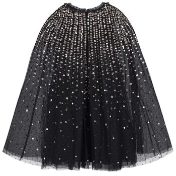 Girls Black Sequinned Tulle Cape Dress
