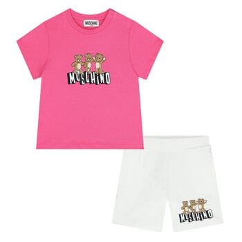 Younger Girls Pink & White Teddy Bear Shorts Set