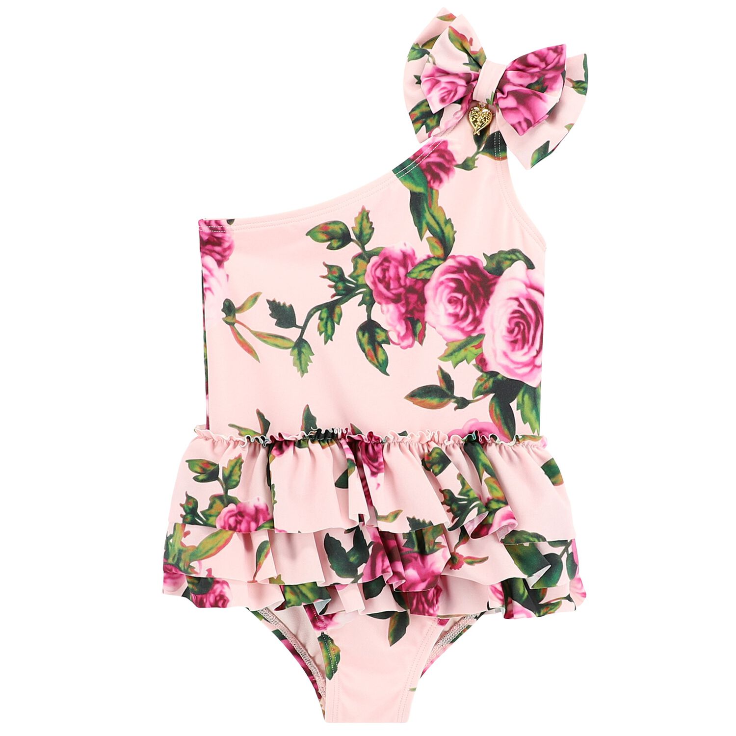 Girls Pink One Shoulder Floral Swimsuit, 3, hi-res