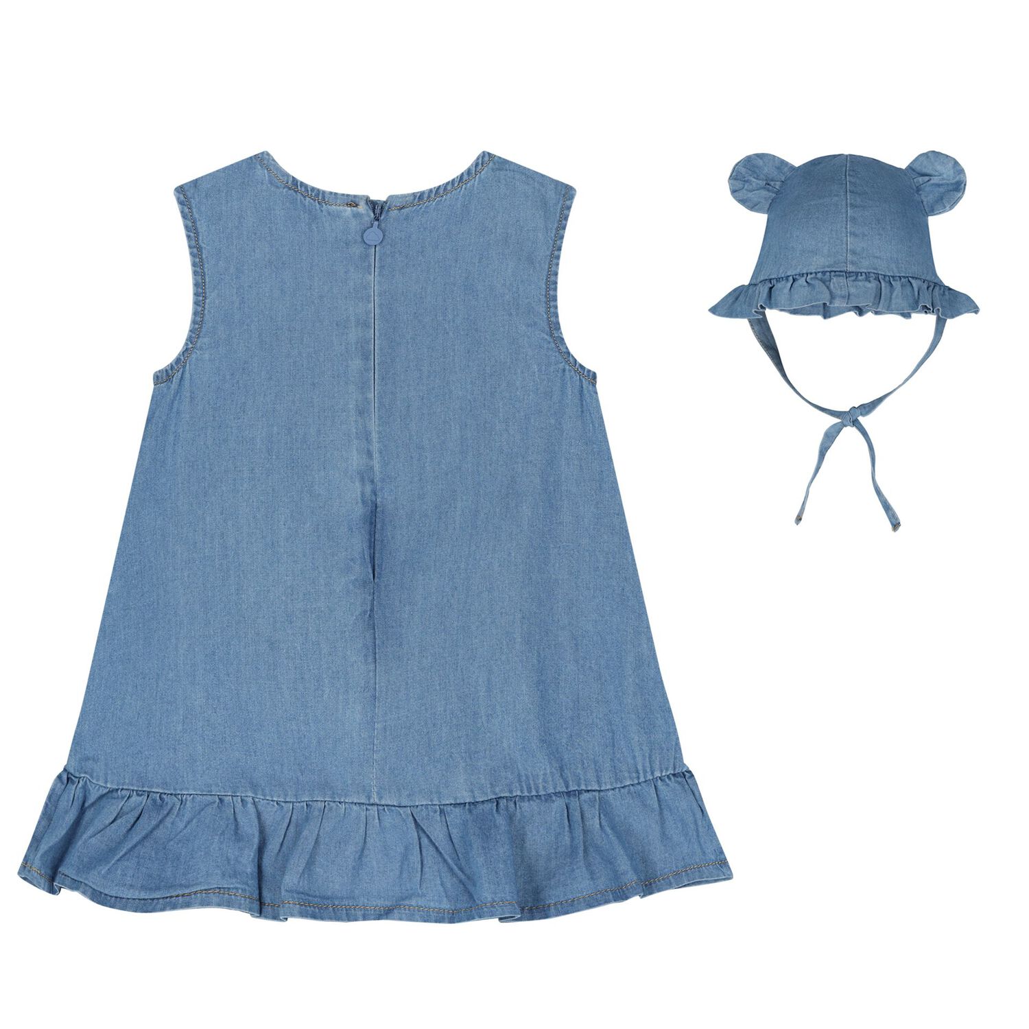 Baby Girls Blue Chambray Bear Dress & Hat Set, 1, hi-res
