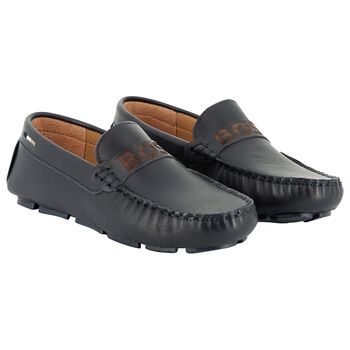 Boys Navy Blue Logo Moccasins