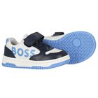 Boys Navy Blue, Blue & White Logo Trainers, 2, hi-res