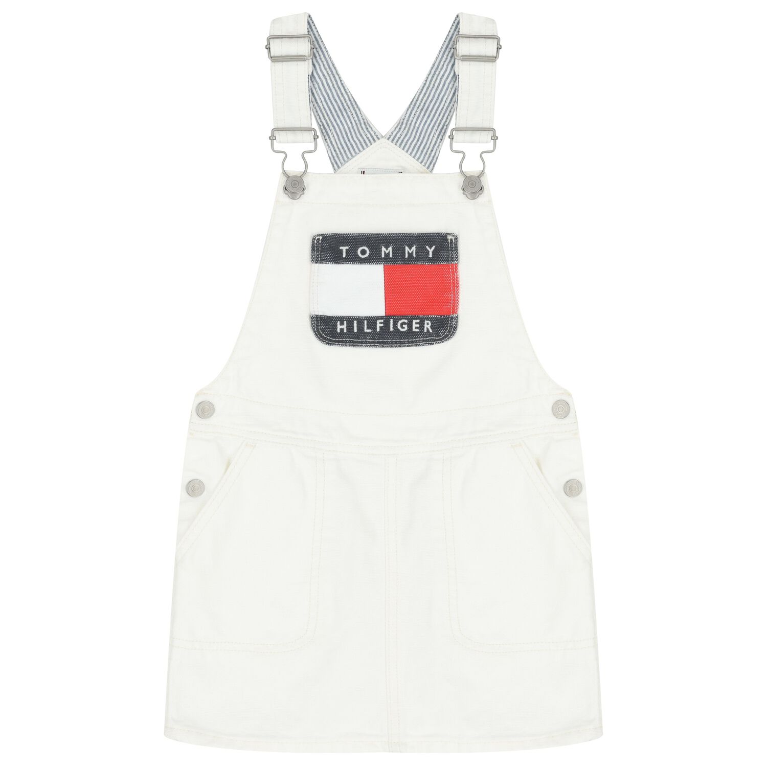 Girls White Denim Dungaree Dress, 1, hi-res