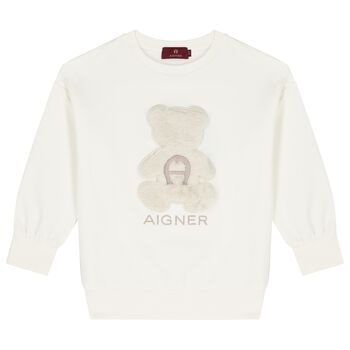 Girls Ivory Faux Fur Teddy Bear Sweatshirt